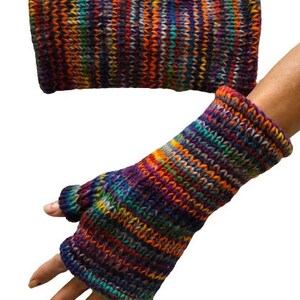 Hand Knitted Fleece Lined Wool Wrist Warmers Colourful Multi Space Dye Pattern Handwarmers Rainbow Striped Mitts Fingerless Gloves Mittens image 2