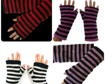 Hand Knitted Fleece Lined Wool Wrist Warmers Black Red Purple Pink Striped Pattern Handwarmers Mitts Fingerless Gloves Warm Knit Mittens