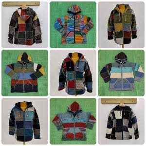 May include: Nine patchwork hooded jackets in various colours and patterns. The jackets are made of different fabrics and have a zip closure.