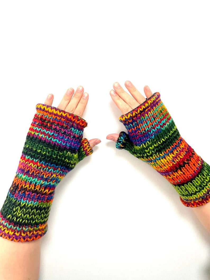 Fleece Lined Knitted Rainbow Zig Zag Pattern Wool Wrist Warmers Fleece Lined Knitted Rainbow Zig Zag Pattern Wool Wrist Warmers