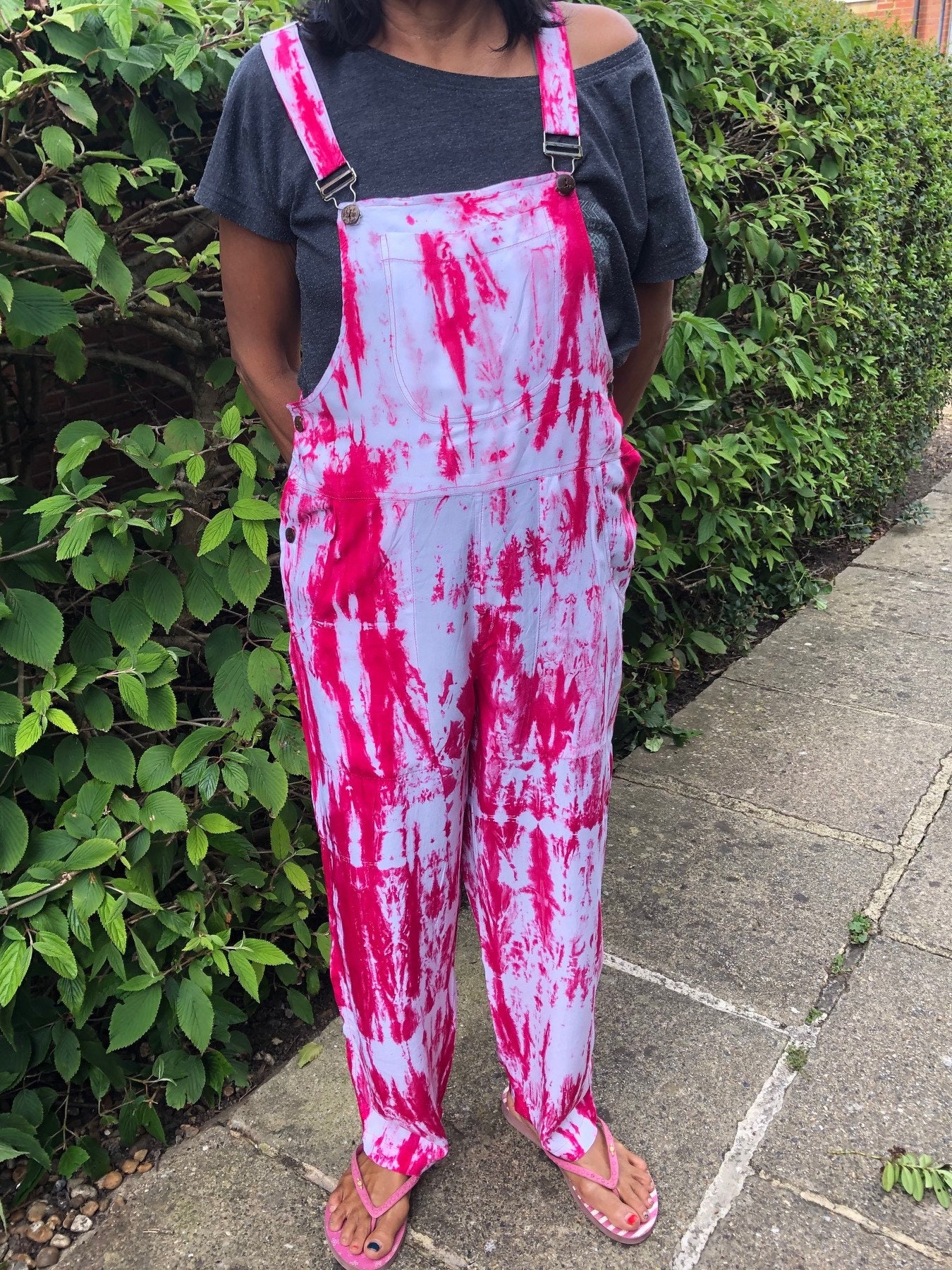 Image of Ethnic Funky Hippy Festivals Boho Multi Coloured Pink Tie-Dye Dungarees Jumpsuit Overalls S M L Xl Xl