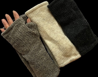 Hand Knitted Fleece Lined Wool Wrist Warmers Mottled Brown Dark Charcoal Grey Plain Coloured Handwarmers Mitts Fingerless Gloves Mittens