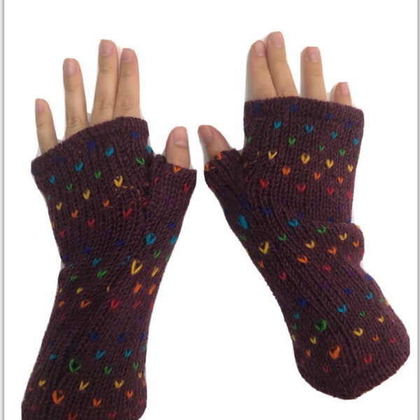 Hand Knitted Fleece Lined Wool Wrist Warmers Burgundy Handwarmers Colourful Rainbow Pattern Mitts Fingerless Gloves Warm Knit Mittens