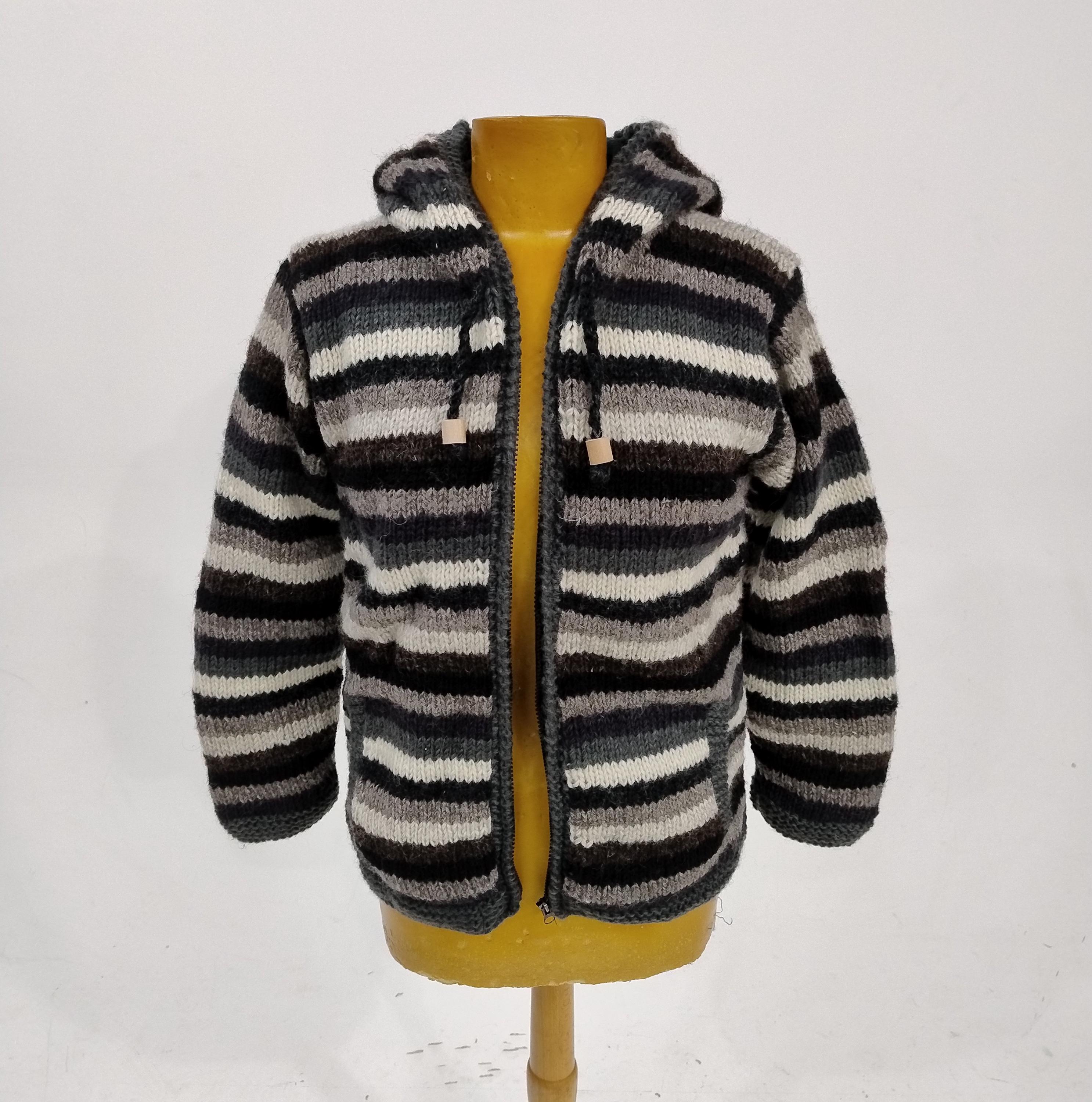 Grey Cream Brown Striped Wool Cardigan Fleece Lined Hooded Jacket 