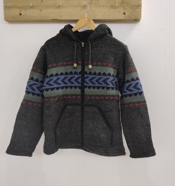 Buy Hand Knitted Fleece Lined Wool Cardigan Warm Knit Zip Hoodie - Main Image