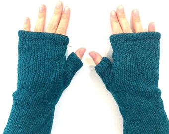 Hand Knitted Fleece Lined Wool Wrist Warmers Plain Dark Teal Blue Handwarmers Bright Colourful Mitts Fingerless Gloves Warm Knit Mittens
