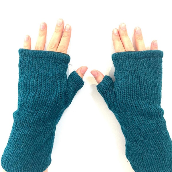 Hand Knitted Fleece Lined Wool Wrist Warmers Plain Dark Teal Blue Handwarmers Bright Colourful Mitts Fingerless Gloves Warm Knit Mittens