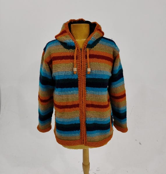 Cárdigan de lana tejido a mano con rayas retro, chaqueta con