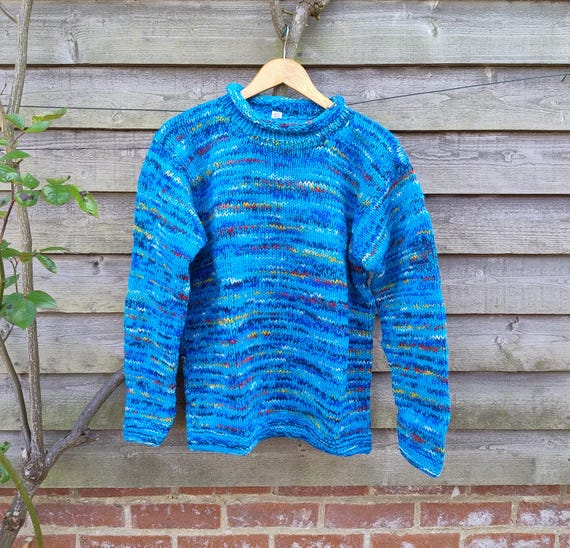 Maglione in lana blu brillante lavorato a mano, 100% lana, caldo