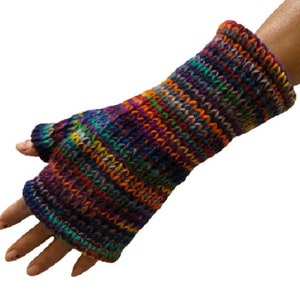 Hand Knitted Fleece Lined Wool Wrist Warmers Colourful Multi Space Dye Pattern Handwarmers Rainbow Striped Mitts Fingerless Gloves Mittens image 1