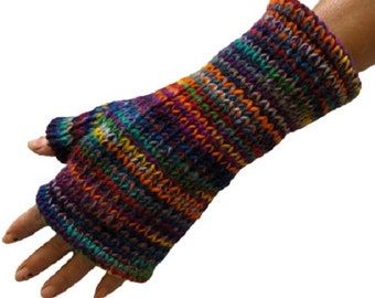 Hand Knitted Fleece Lined Wool Wrist Warmers Colourful Multi Space Dye Pattern Handwarmers Rainbow Striped Mitts Fingerless Gloves Mittens