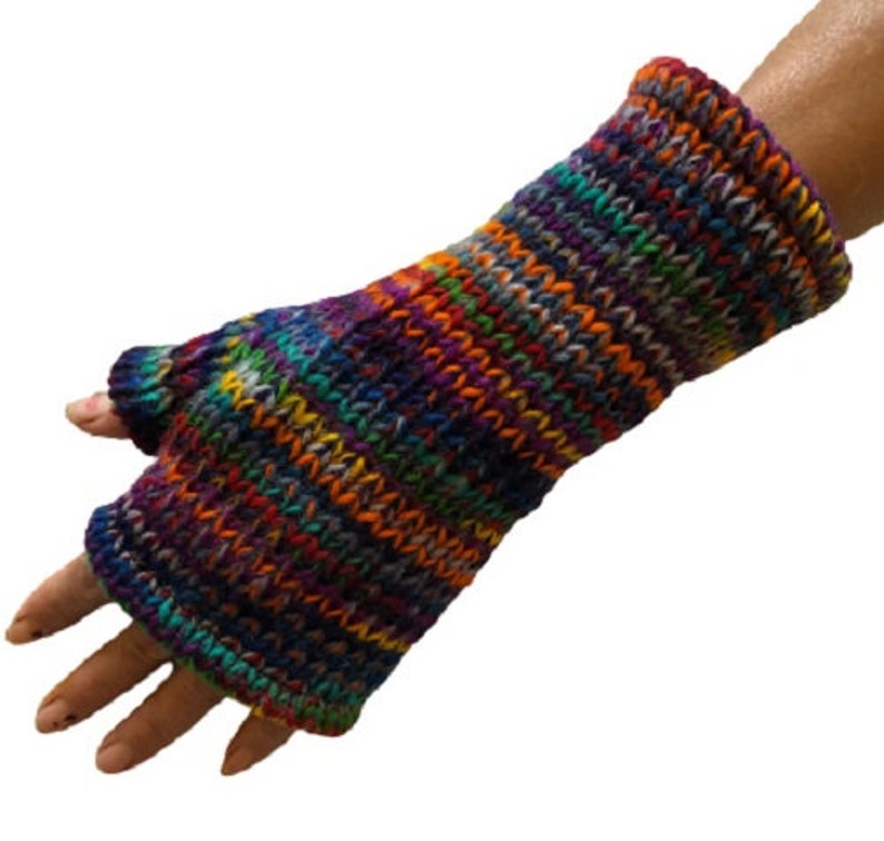 Hand Knitted Fleece Lined Wool Wrist Warmers Colourful Multi Space Dye Pattern Handwarmers Rainbow Striped Mitts Fingerless Gloves Mittens image 1