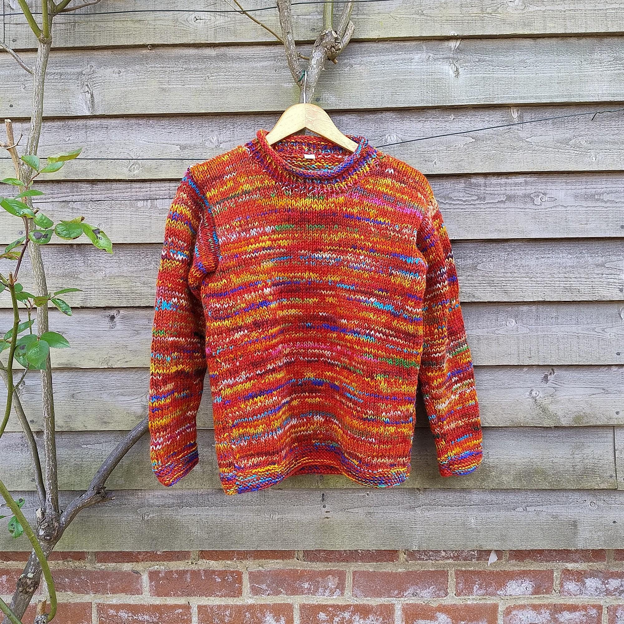 Hand Knitted Wool Jumper Warm Roll Neck Sweater 100% Wool Colourful Red Rainbow Space Dye Bright Multi Striped Pattern Unisex Men Ladies