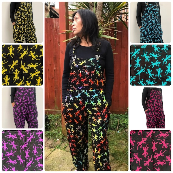 Colourful Gecko Print Black Rayon Long Straight Leg Dungarees Ethnic Funky Hippie Boho Pattern Festival Jumpsuit Adjustable Overalls Pockets