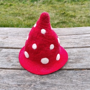 May include: A red felt hat with white polka dots. The hat has a conical crown and a wide, rounded brim. The hat is on a wooden surface with a green background.