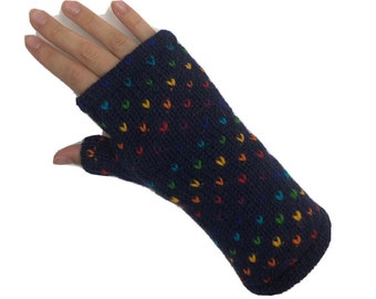 Hand Knitted Fleece Lined Wool Wrist Warmers Navy Blue Handwarmers Colourful Rainbow Pattern Mitts Fingerless Gloves Warm Knit Mittens