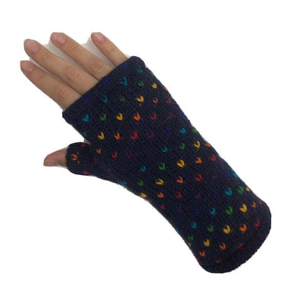 Hand Knitted Fleece Lined Wool Wrist Warmers Navy Blue Handwarmers Colourful Rainbow Pattern Mitts Fingerless Gloves Warm Knit Mittens