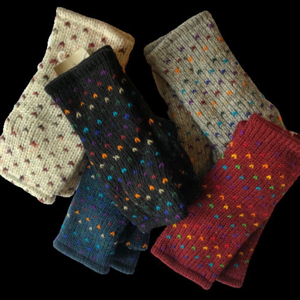 Hand Knitted Fleece Lined Wool Wrist Warmers Cream Grey Blue Handwarmers Colourful Rainbow Pattern Mitts Fingerless Gloves Warm Knit Mittens