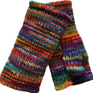 Hand Knitted Fleece Lined Wool Wrist Warmers Colourful Multi Space Dye Pattern Handwarmers Rainbow Striped Mitts Fingerless Gloves Mittens image 5