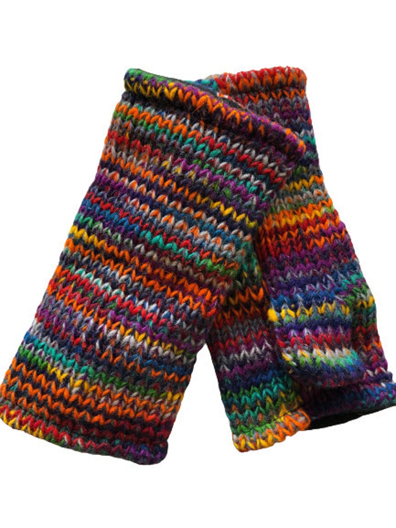 Hand Knitted Fleece Lined Wool Wrist Warmers Colourful Multi Space Dye Pattern Handwarmers Rainbow Striped Mitts Fingerless Gloves Mittens image 5