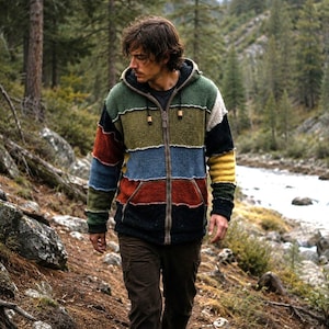 May include: A multi-coloured, striped zip-up hooded jacket with a drawstring hood and two front pockets. The jacket features a patchwork design with various colours including green, blue, red, and black. The person is walking on a trail.