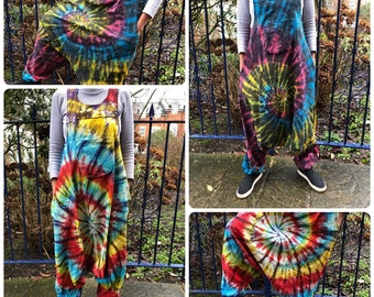 Rainbow Tie Dye Cotton Drop Crotch Harem Dungarees Bright Colourful Ethnic Tie-Dye Overalls Funky Hippie Jumpsuit Boho Festival Romper