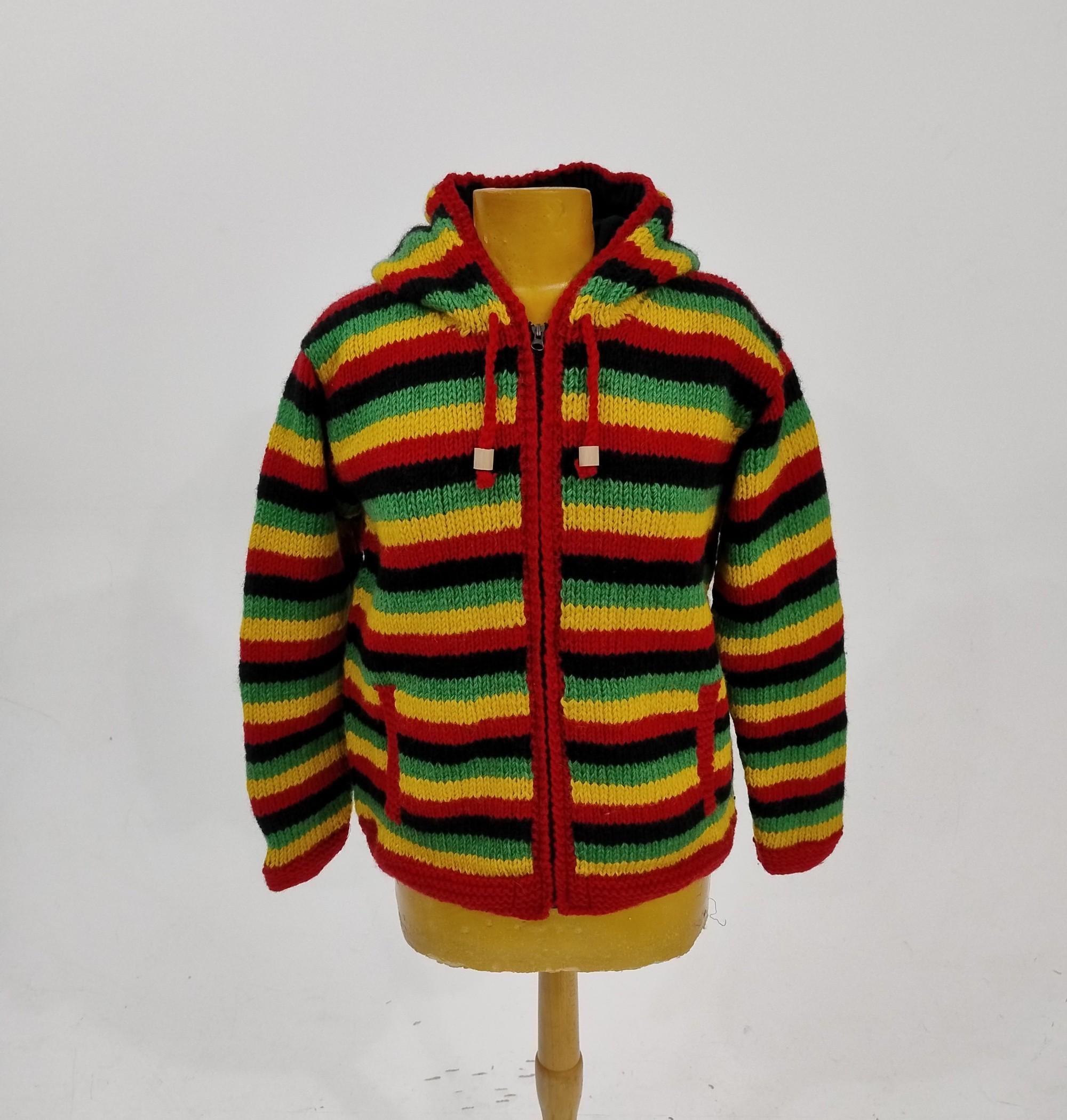 Rasta Striped Wool Cardigan Fleece Lined Hooded Jacket Hand
