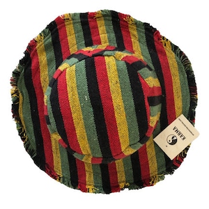 Bright Rasta Striped Frayed Cotton Sun Hat Wide Shapeable Wire Brim Packable Lined Colourful Red Green Yellow Boho Hippie Summer Men Women