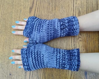 Hand Knitted Fleece Lined Wool Wrist Warmers Dark Navy Blue Space Dye Pattern Handwarmers Striped Mitts Fingerless Gloves Warm Knit Mittens