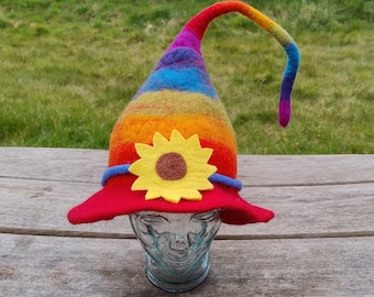 Rainbow Flower Felt Hat Pixie Fairy Elf Felted Wool Hat Funky Boho Yellow Sunflower Hippie Witch Wizard Costume Novelty Fancy Dress Festival