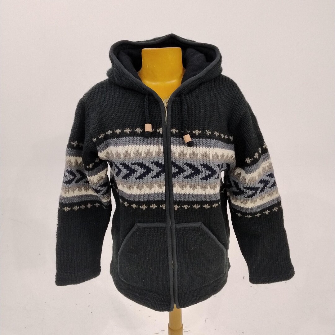 Hand Knitted Wool Hooded Jacket Cardigan - Fairisle Teal main image 0
