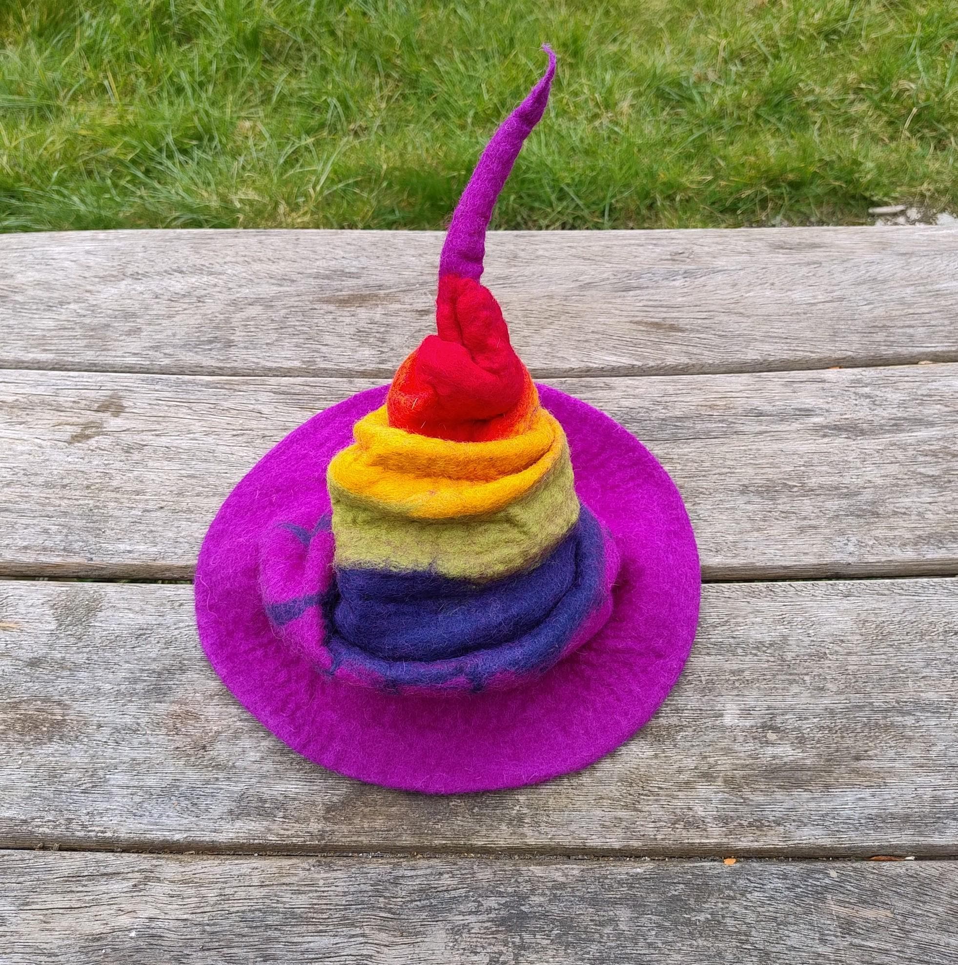 Purple Rainbow Pointy Felt Hat Witch Pixie Fairy Elf Felted Wool Hat Funky Boho Hippie Wizard Fantasy Costume Novelty Fancy Dress Festival