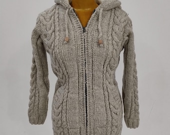 Cable Knit 100% Wool Cardigan Fleece Lined Warm Hoodie Hand Knitted Light Grey Winter Jacket with Hood Zip Pockets Toggles Unisex Ladies Men
