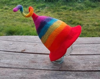 Rainbow Striped Felt Hat Pixie Fairy Elf Felted Wool Hat Funky Boho Colourful Hippie Witch Wizard Costume Novelty Fancy Dress Party Festival