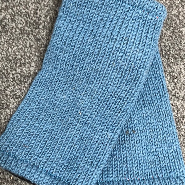 Hand Knitted Fleece Lined Wool Wrist Warmers Plain Steel Blue Handwarmers Bright Colourful Mitts Fingerless Gloves Warm Knit Mittens