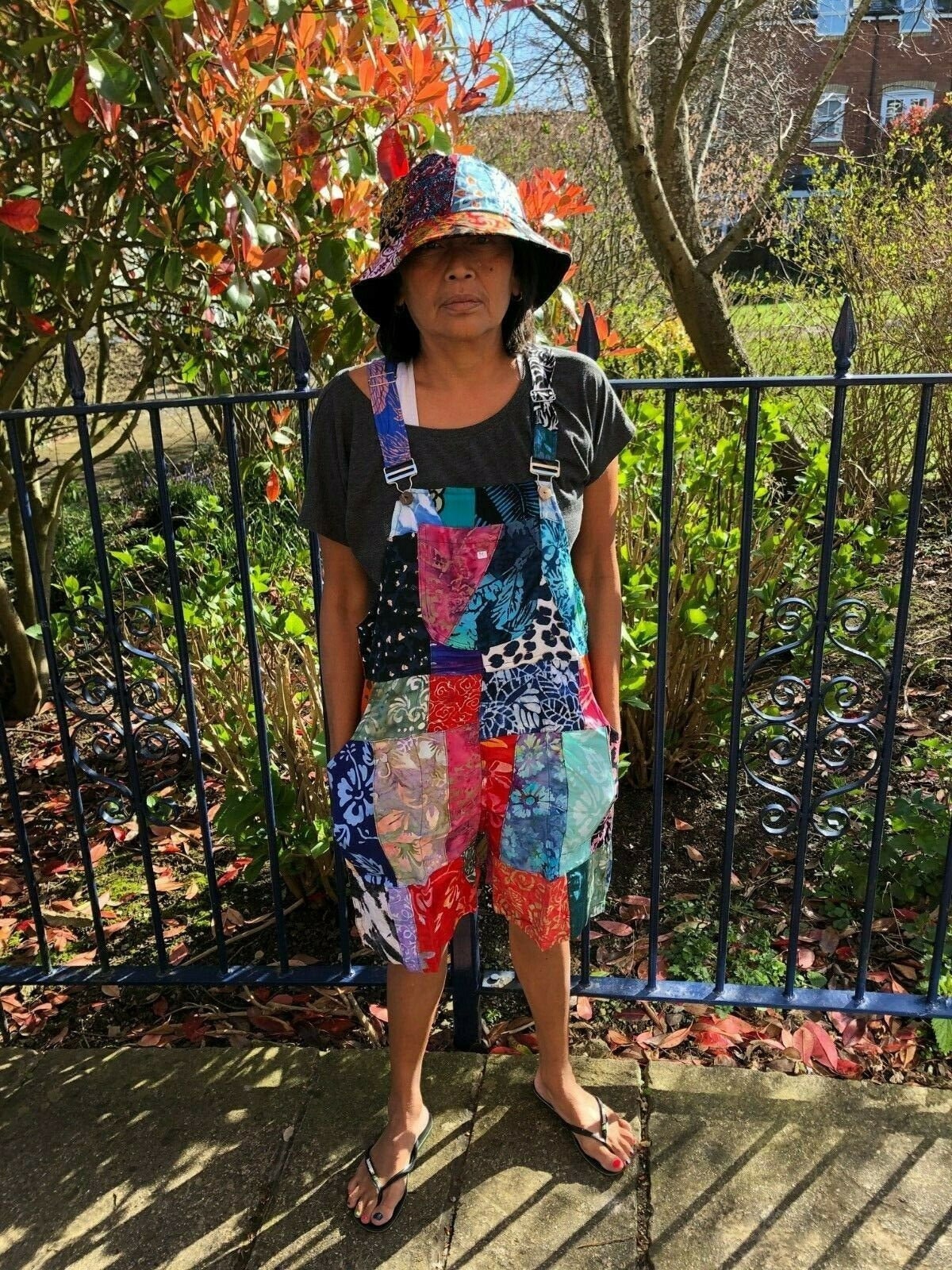 Image of Ethnic Funky Hippy Festivals Boho Multi Coloured Short Patchwork Dungarees Jumpsuit Overalls S M L Xl Xl