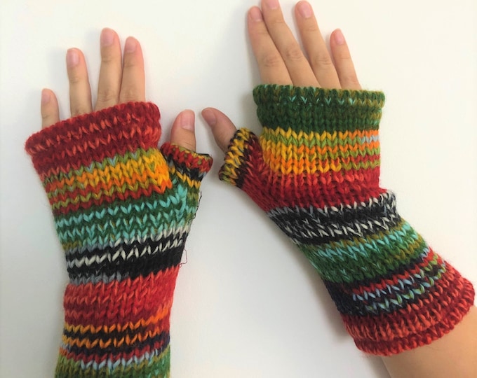 Fleece Lined Knitted Rainbow Zig Zag Pattern Wool Wrist Warmers Unisex