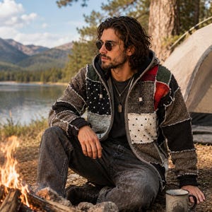 May include: A multi-coloured patchwork zip-up hooded jacket, with panels of black, brown, white, and red. The jacket is worn by a person sitting near a campfire and a lake. The person is also wearing sunglasses and dark jeans.