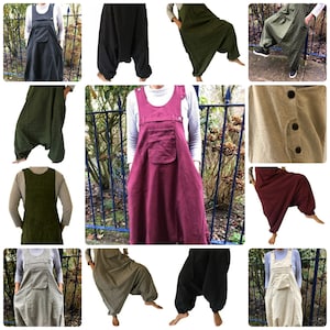 Natural Hemp Cotton Drop Crotch Harem Dungarees Ethnic Overalls Funky Hippie Jumpsuit Boho Festival Romper Pockets Plain Red Cream Grey