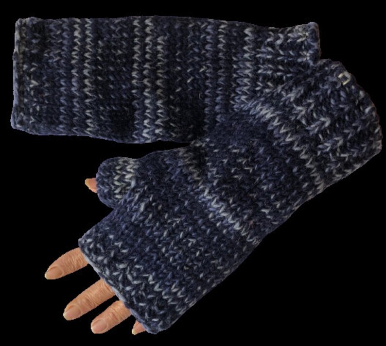 Blue Fleece Lined Knitted Wool Wrist Warmers Unisex Mitts Boho Etsy UK