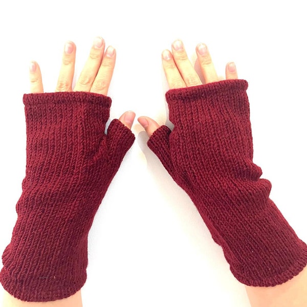 Hand Knitted Fleece Lined Wool Wrist Warmers Plain Maroon Dark Red Handwarmers Colourful Mitts Fingerless Gloves Warm Knit Mittens