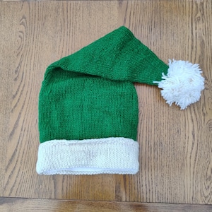 Green Wool Knit Christmas Hat Hand Knitted Fleece Lined Fun Santa Hat Xmas Festive Elf Warm Long Tail Bobble Hat Adult Child
