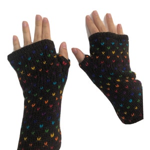 Hand Knitted Fleece Lined Wool Wrist Warmers Brown Handwarmers Colourful Rainbow Pattern Mitts Fingerless Gloves Warm Knit Mittens