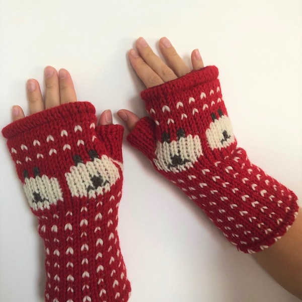 Hand Knitted Warm Wool Fleece Lined Handwarmers Bright Red Sheep Pattern Wrist Arm Warmers Fingerless Gloves Knit Mittens Men Women