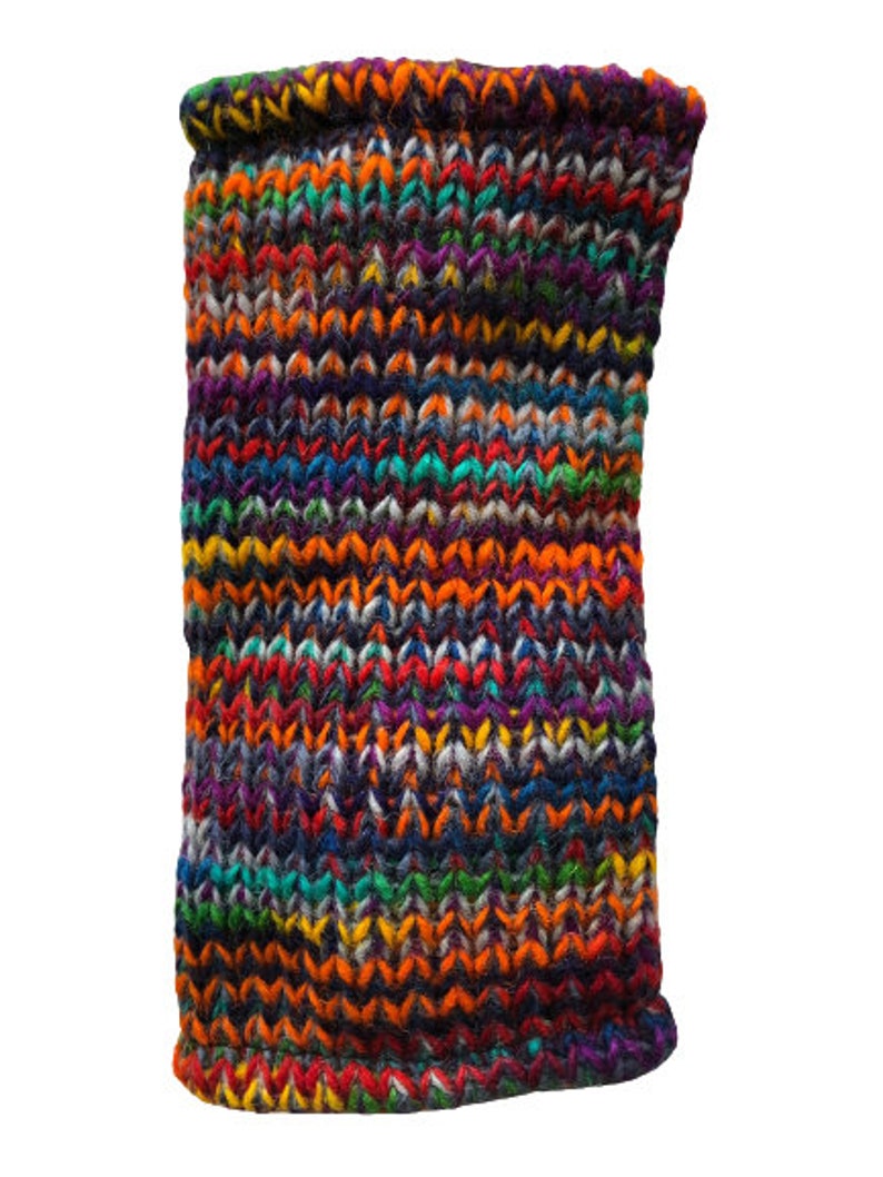 Hand Knitted Fleece Lined Wool Wrist Warmers Colourful Multi Space Dye Pattern Handwarmers Rainbow Striped Mitts Fingerless Gloves Mittens image 6