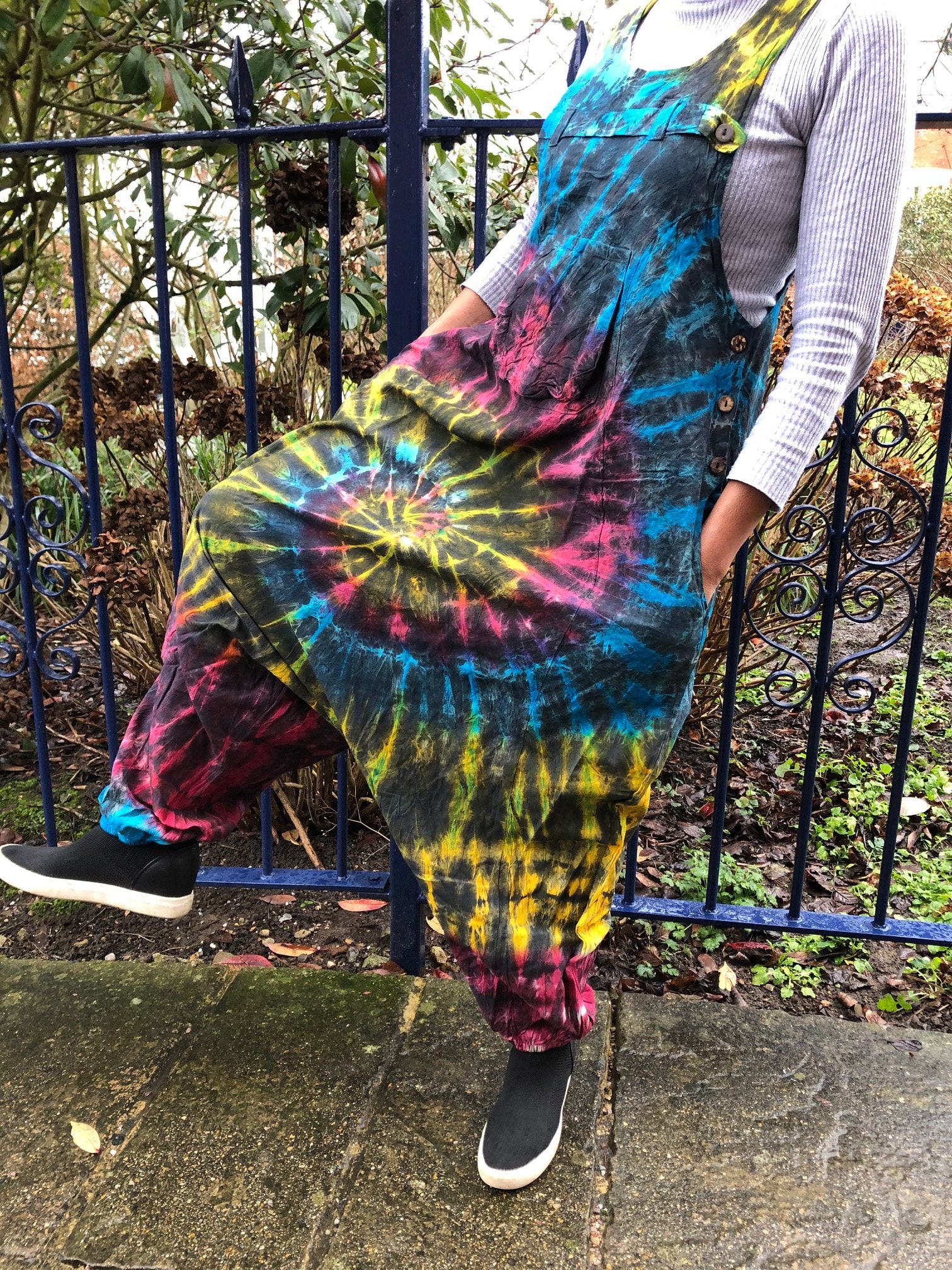 Rainbow Tie Dye Cotton Drop Crotch Harem Dungarees Bright Colourful Ethnic Tie-Dye Overalls Funky Hippie Jumpsuit Boho Festival Romper