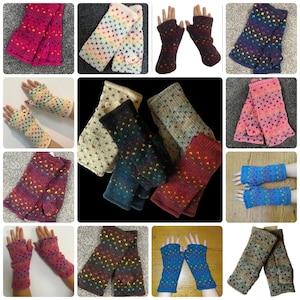 May include: A collection of fingerless gloves in various colours and patterns. The gloves are made of a soft, knitted fabric and feature a variety of colourful designs, including stripes, polka dots, and geometric patterns.