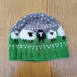Sheep Beanie Hat Green Grey Hand Knitted Wool Fleece Lined Fun Farm Animal Theme Snug Chunky Knit 100% Wool Warm Winter Unisex Men Ladies