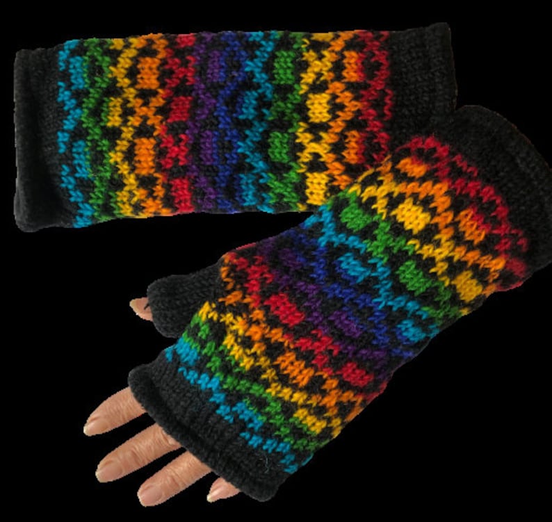 Fleece Lined Knitted Rainbow Wool Wrist Warmers Unisex Mitts Etsy