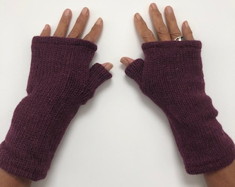 Hand Knitted Fleece Lined Wool Wrist Warmers Plain Burgundy Wine Plum Coloured Handwarmers Mitts Fingerless Gloves Warm Knit Mittens